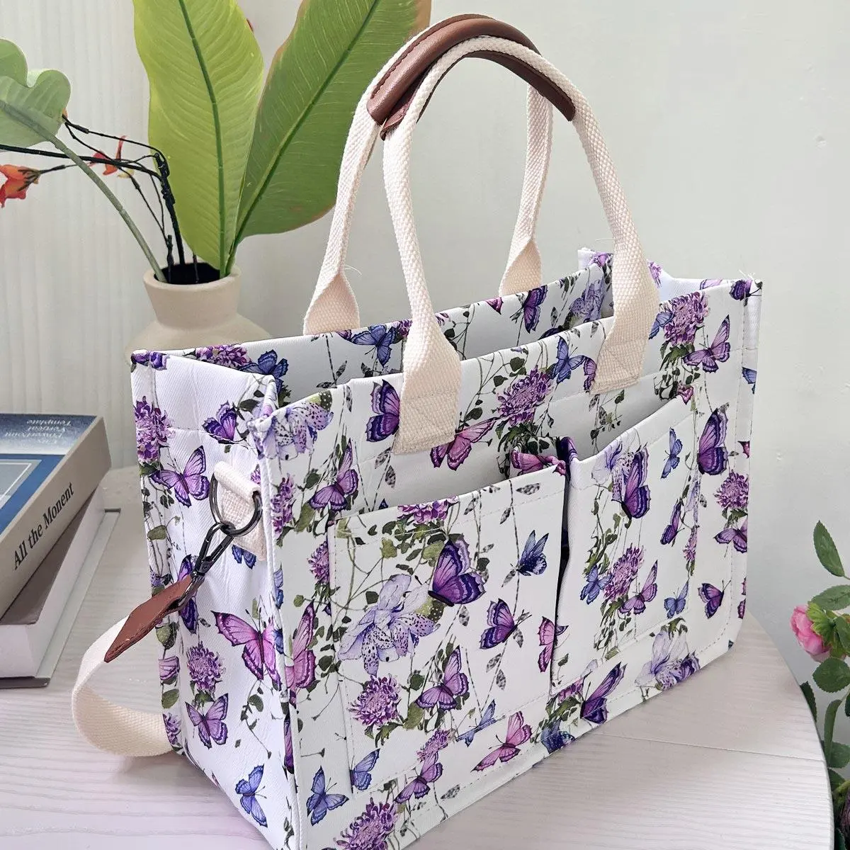 Purple Butterfly Print Women’s Tote Bag – Stylish Crossbody & Shoulder Bag with Multiple Pockets, Travel, Shopping & School Essentials Organizer, Built-In Water Bottle Strap, Durable Lightweight Everyday Tote, Bags For Women, Magnetic