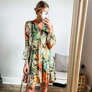 miduo Womens Summer Dress Casual V Neck Buttoned 3/4 Sleeve Bohemian Tribal Print Flowy Mini Dresses Floral Boho Womenswear easter outfits women fashion
