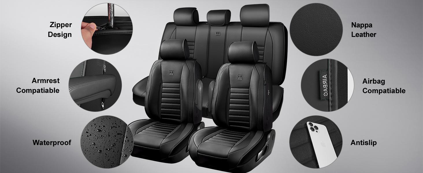 CAR PASS Nappa Leather Seat Covers Protection for Front Seats Universal Waterproof & Anti-Slip Design Airbag Compatible for Sedan, SUV, Pickup Truck  Black 1 Count