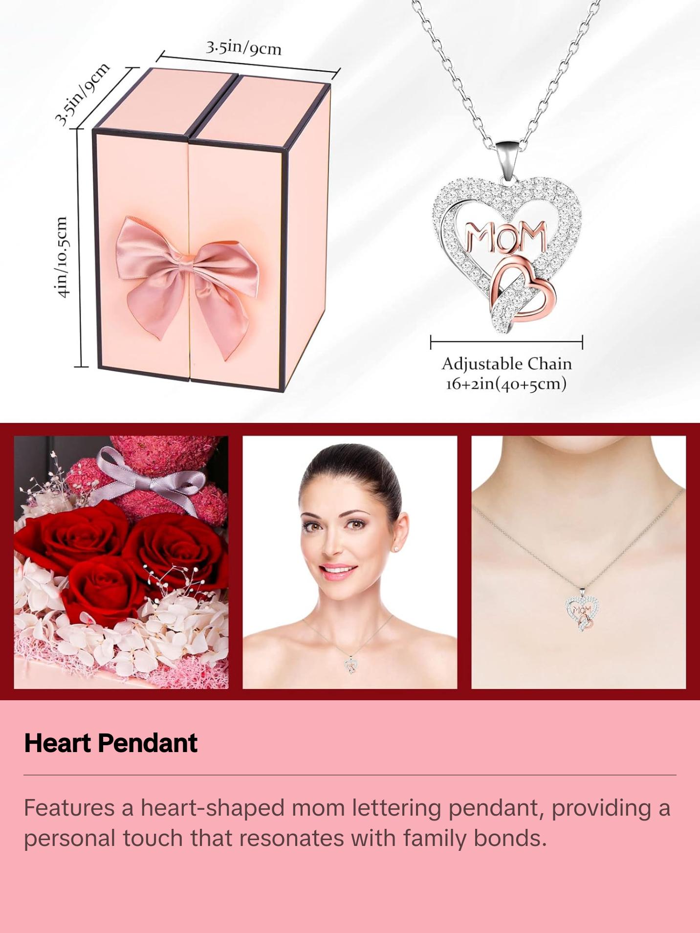 IDFALKFD Preserved Rose Gifts Set includes 925 Sterling Silver Necklace with Heart and Mom Jewelry Design, Mothers Day Birthday Christmas Valentines Gifts for Mom from Daughter and Son