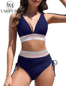 UMIPUBO Women's Bikini Sets V Neck 2 Piece Swimsuits High Waisted Color Block Drawstring Bathing Suits Tummy Control Swimwear