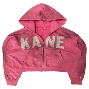 KANE Pink Cropped Dirty Washed Rhinestone Zip Up Hoodie 480 GSM French Terry Cotton Paint Splatter