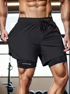 Men’s quick-dry breathable running shorts, 2-in-1 lightweight moisture-wicking loose cycling shorts with an elastic drawstring waistband and side pockets, suitable for training and casual wear