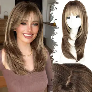 20 Inch Brown Blonde Highlight Wig with Bangs for Women Glueless 4x4 Realistic Scalp Synthetic Wig Face-Framing Layers Everyday Use