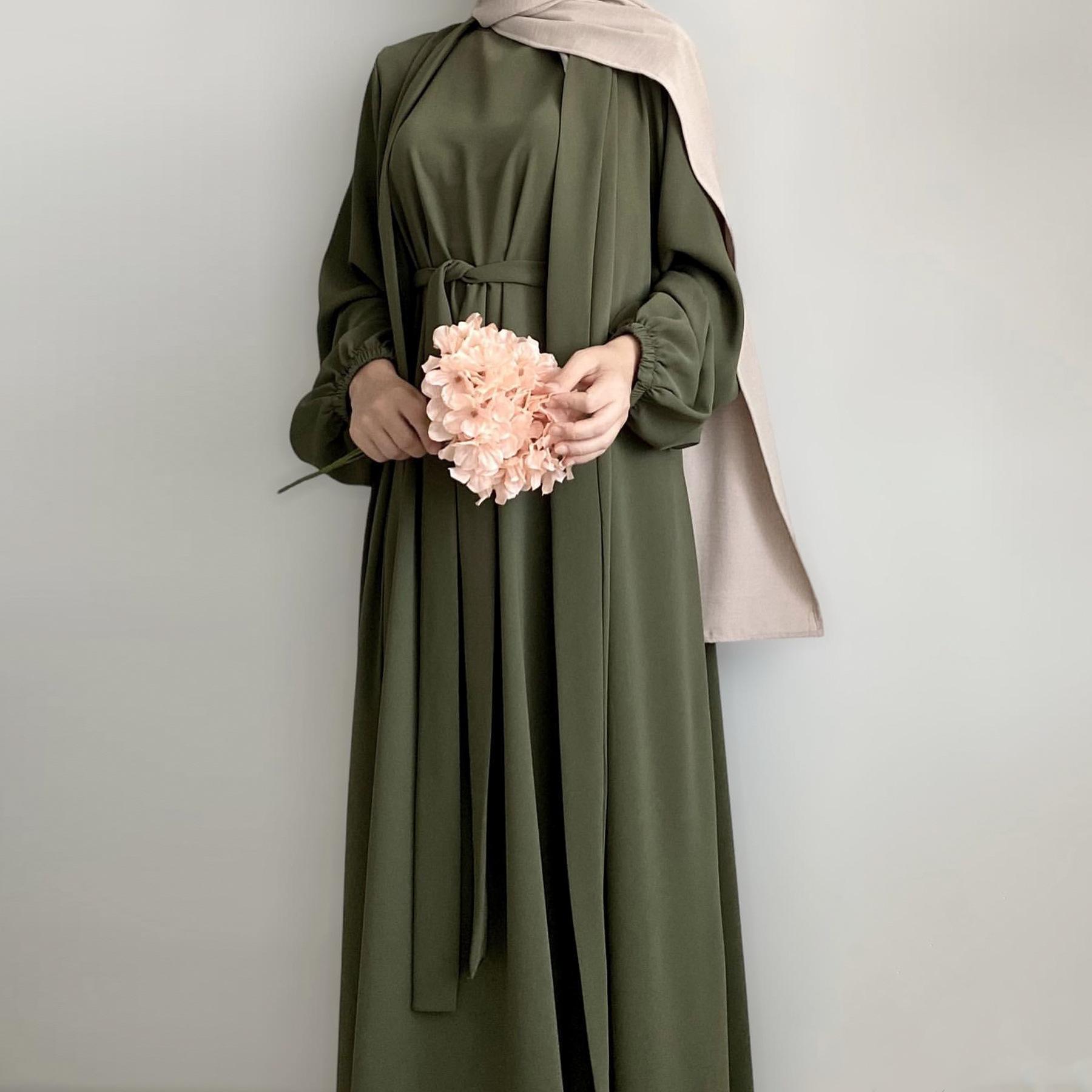 MOA092 Solid Color Elegant Open Abaya with Pockets 3-Piece Set for Women Breathable Fabric Full Length Jilbab Summer Outfits Modern Midi