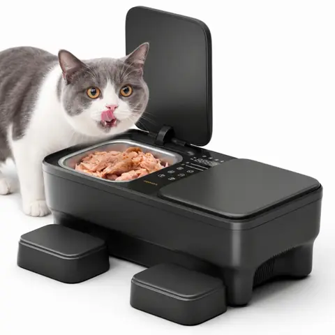 Meowant Automatic Wet Food Cat Feeder with Stainless Steel Tray - Semiconductor Cooling, Pre-Heating, 360° Even Temperature, Dual-Bowl Independent Temp Control, Timed On/Off, Voice Call, for 1-2 Cats