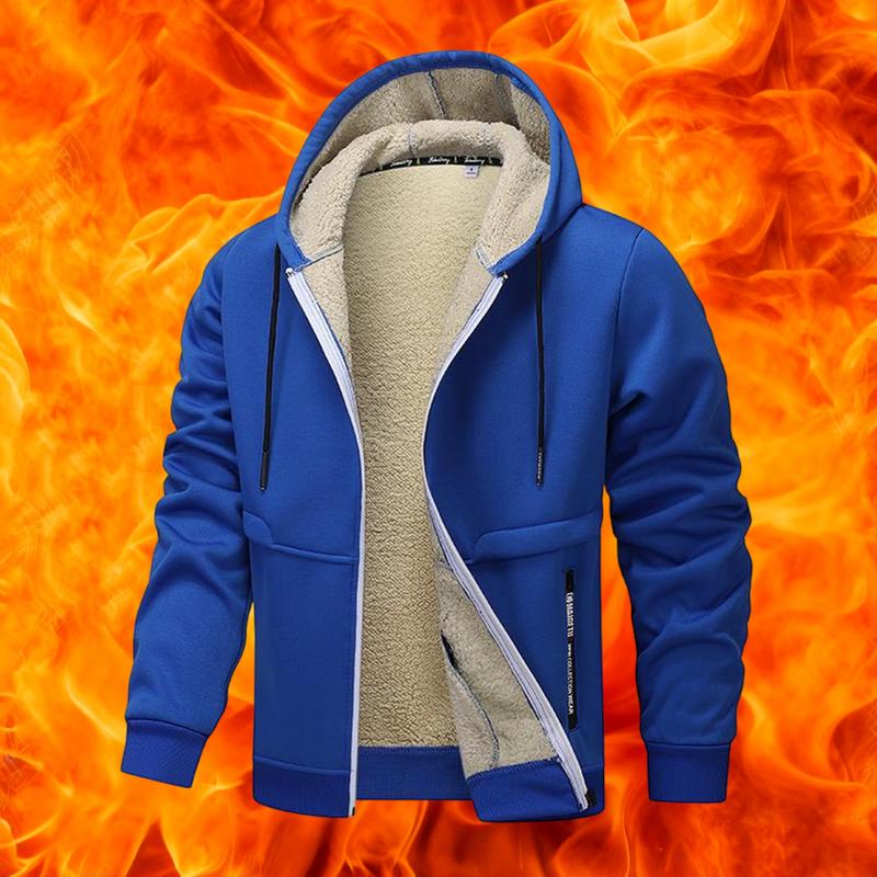 Men's Casual Zipper Wool Lined Hoodie - 100% Polyester Solid Color Long Sleeve Jacket, Lightly Stretchable Fabric, Suitable for Spring, Autumn, Hiking & Outdoor Activities, Regular Fit Hooded Sports Shirt, Men’s Warm Coat, Day Fleece Menswear  Beige Black