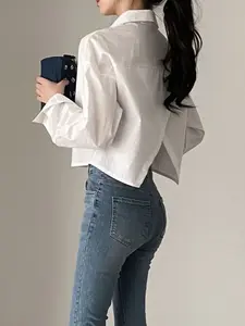 Women Contoure Back Slit Cropped Blouse – Elegant Long Sleeve Shirt Argie Noir