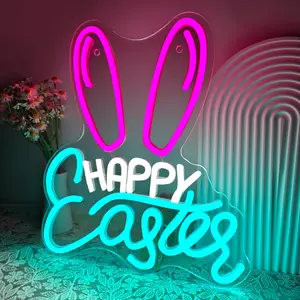 Happy Easter Bunny Neon Sign Led Light USB Powered Spring Decor Aesthetic Room Wall Art Funny Party Vibe Dimmable Home Family Gift Decoration