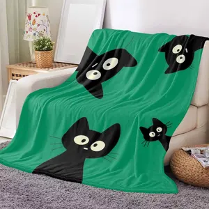 Cute Black Cat Flannel Blanket Cartoon Kitty Print Pattern Soft Warm Lightweight Cozy Plush Throw for Sofa Bed Living Room Office Travel Gift Decor