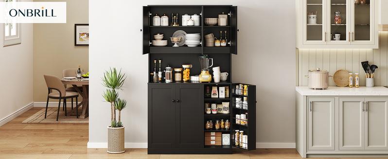 【Valentine's Day Gift】ONBRILL 71" Tall Kitchen Pantry Storage Cabinet with Microwave Stand & Door Shelf, Freestanding Kitchen Hutch with 6 Doors and Adjustable Shelves, Modern Food Pantry for Kitchen, Dining Room