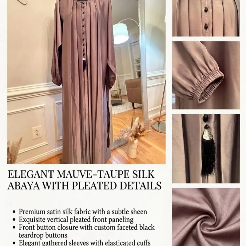 ELEGANT MAUVE-TAUPE SILK ABAYA WITH PLEATED DETAILS  Premium satin silk fabric