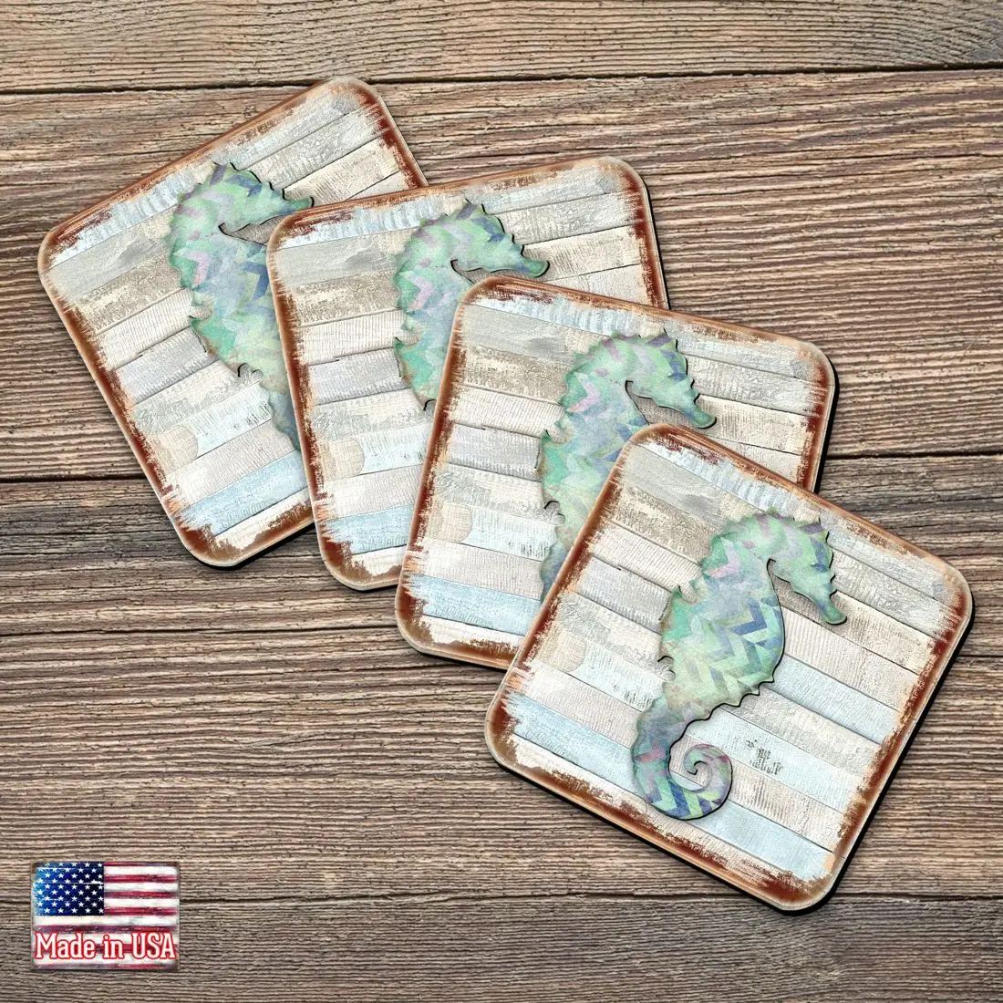 Nature Wonders 8198517-2-9C-S4 4 x 4 in. Seahorse Coastal Wooden Cork Coasters Gift - Set of 4