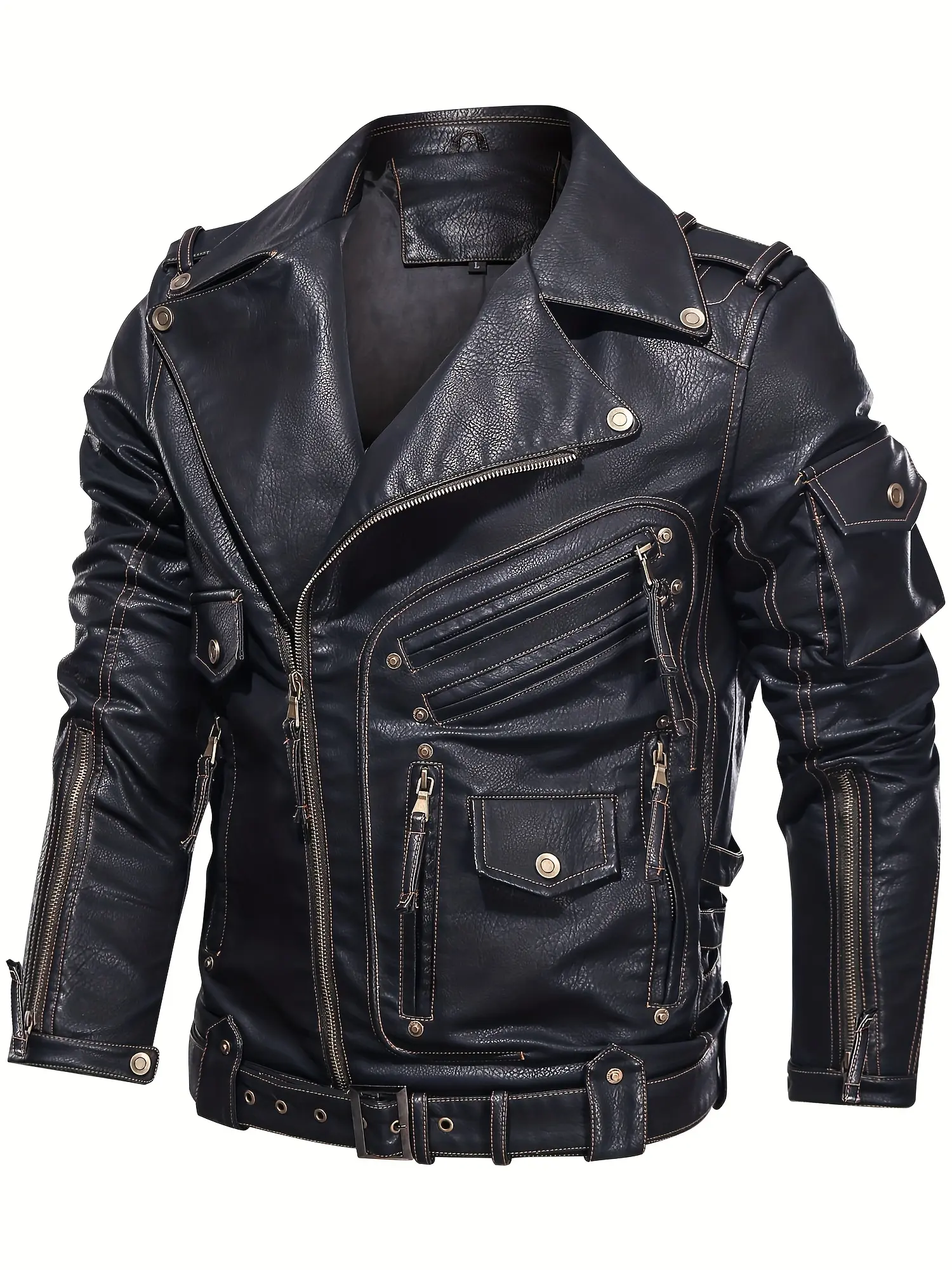 Men's Vintage PU Biker Jacket - Long-Sleeve Casual Menswear with Zipper Pockets, Studded Details, Loose Fit, Durable Polyester Lining for Spring & Fall, Woven Tops, Pu Jacket