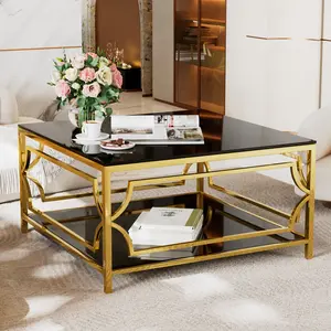 Geometric Gold Coffee Table for Living Room, 33.5" Square Tempered Glass Center Table with Storage Shelf for Small Space, Modern Metal Frame Accent Table for Apartment, Black & Gold
