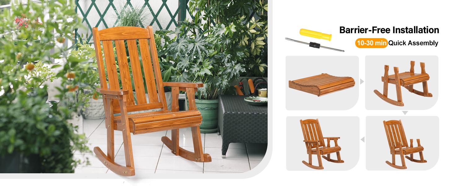 VINGLI Heavy Duty 600 LBS Outdoor Wooden Rocking Chair with Higher Backrest,Patio Rocking Chair with Ergonomic Design, Weatherproof Outdoor Rockers Suit for Patio, Garden, Balcony, Yard