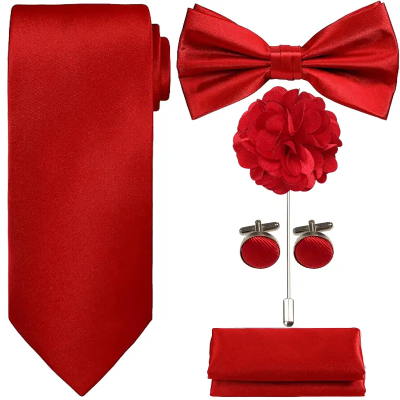 5Pcs Tie Set in Box, Solid Color Necktie, Satin Bow Tie, Pocket Square, Lapel, Cuff Links for Weddings, Formal Events, and Business Occasions- Premium Quality, Versatile, and Stylish Accessories Bow Tie Front