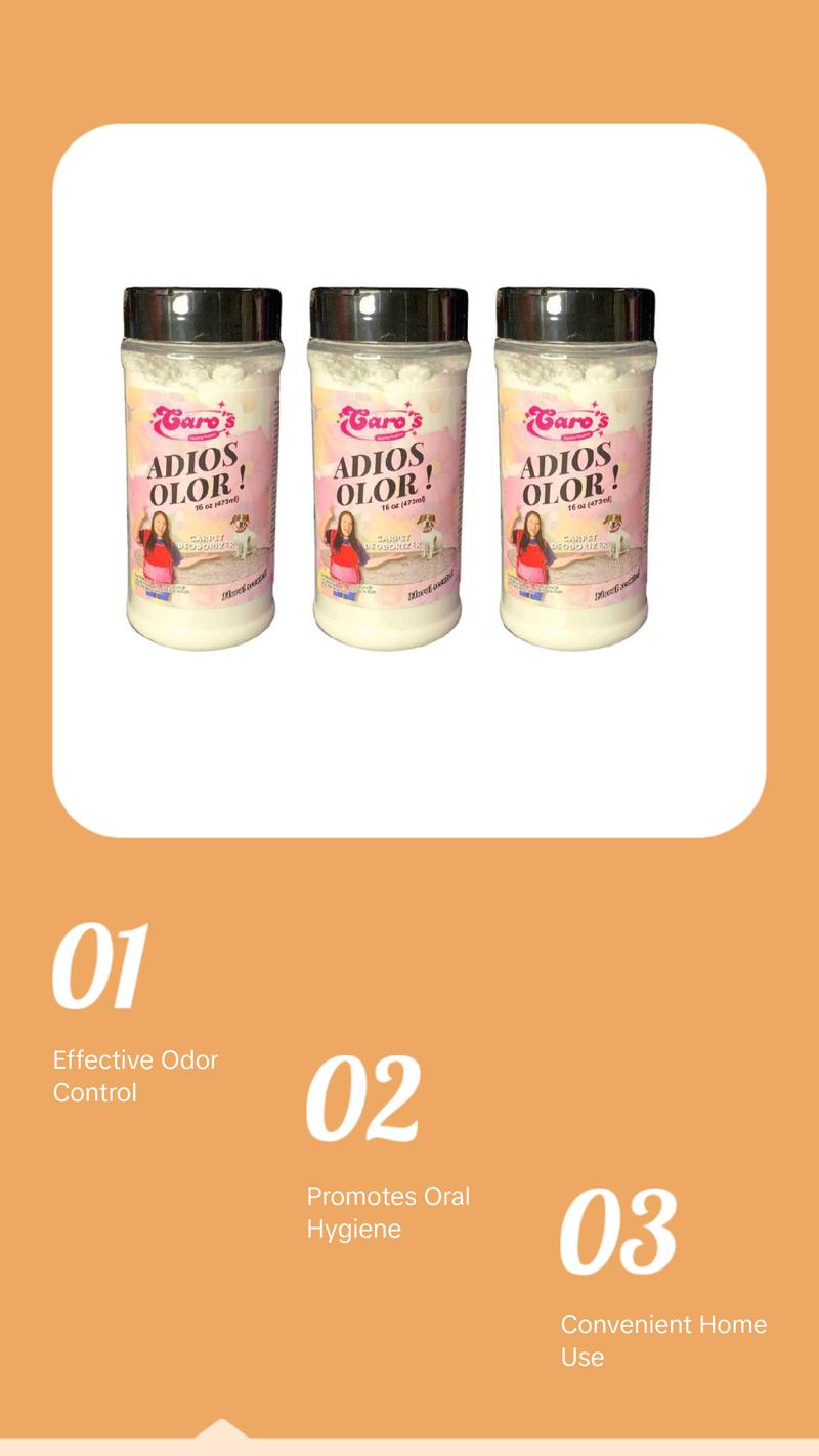 Caro's AdiosOlor Eliminator Odor Eliminator for Carpets - 16 oz Powder, Effective Odor Elimination, Bacteria Killer, Household Interior Cleaner