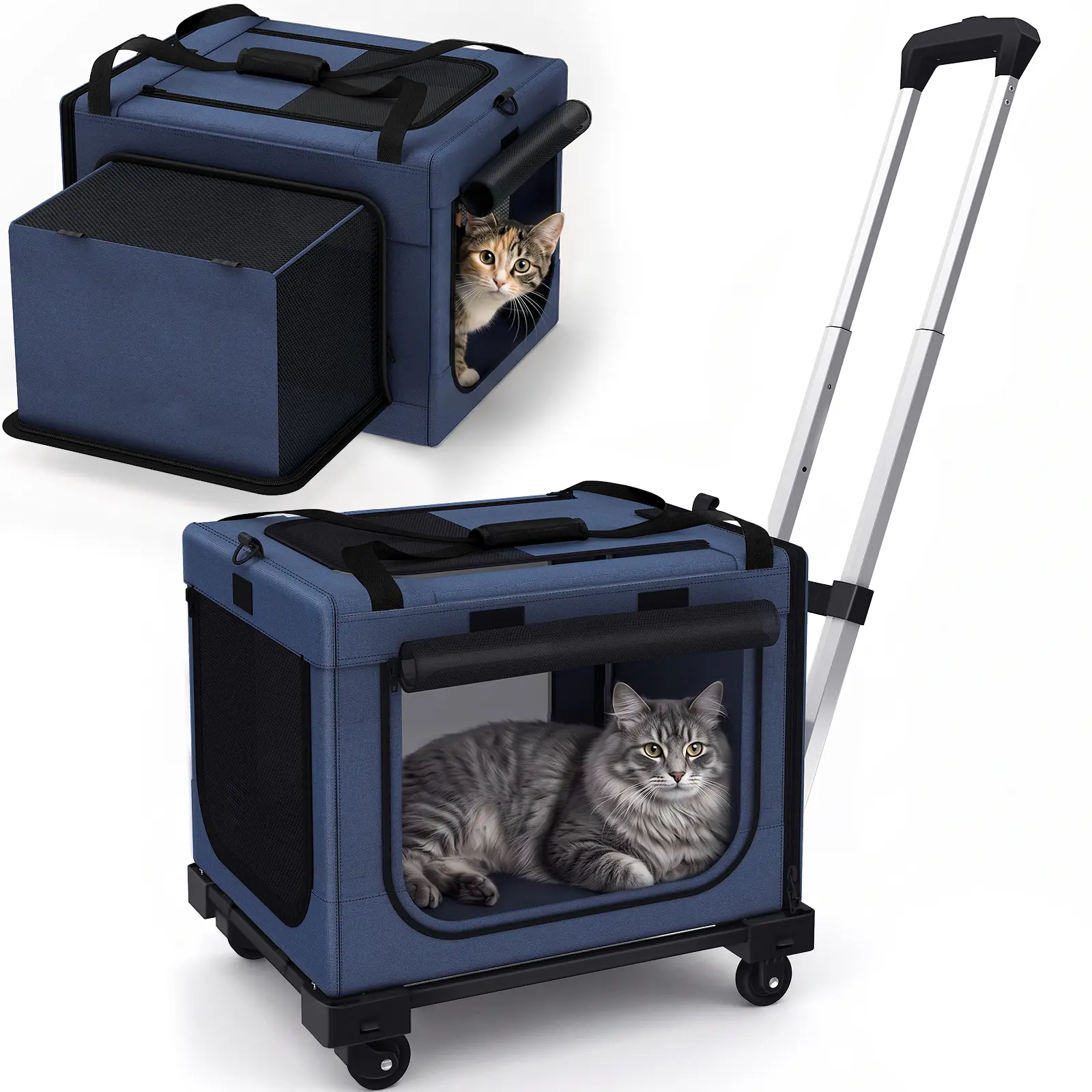 Rolling Wheeled Cat Carrier,Foldable Expandable Pet Carrier for Cats and Small Dogs,17"×13"×12" Portable Travel Carrier,Blue