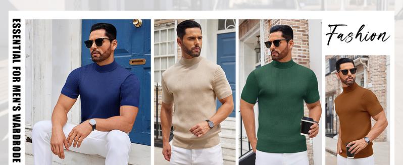COOFANDY Men's Mock Turtleneck Sweater Short Sleeve Casual Basic Tops Ribbed Knit Pullover Solid Tee