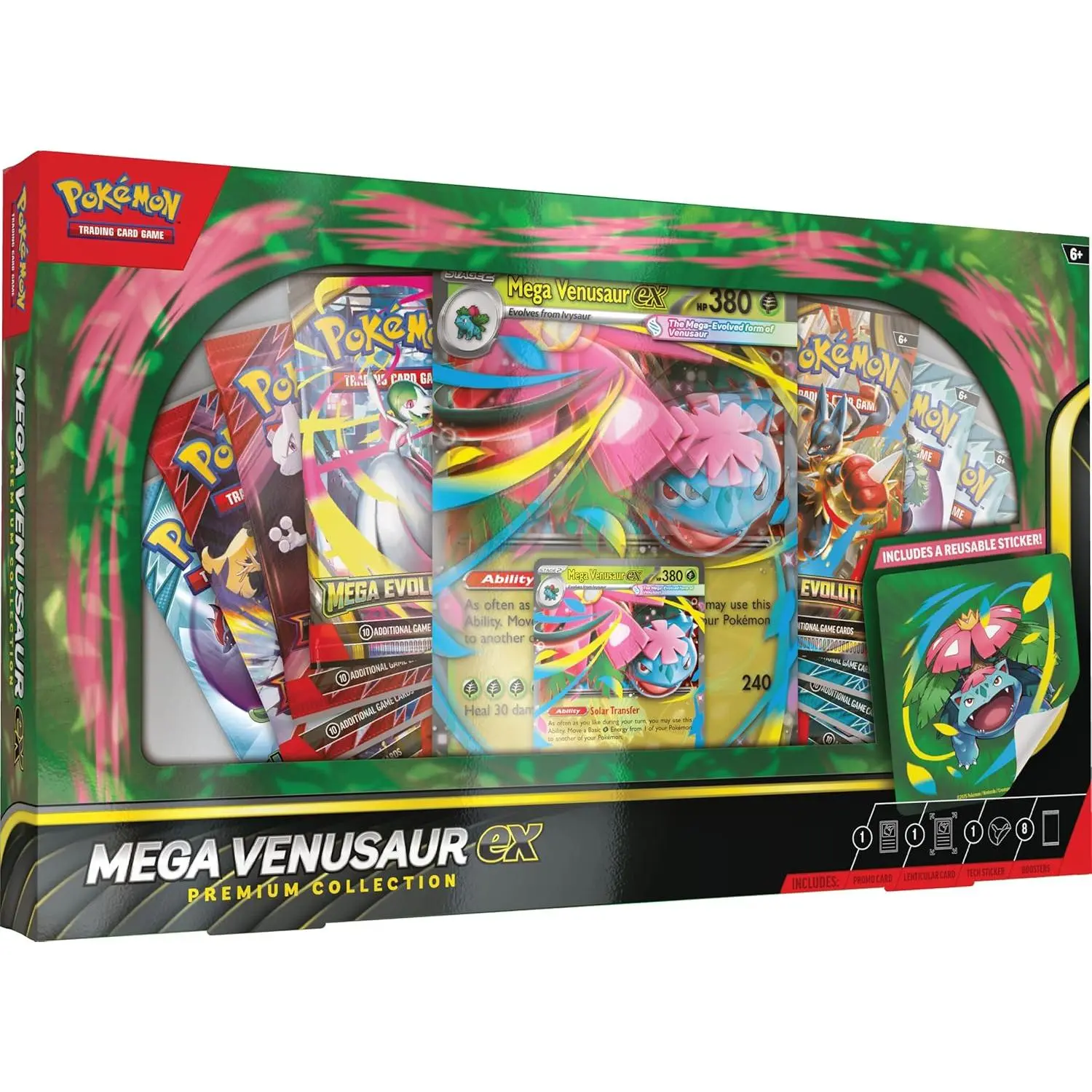 Pokemon TCG Mega Venusaur ex Premium Collection Box with Foil Promo Card Oversize Lenticular Card Tech Sticker & 8 Booster Packs