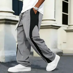 Men’s spring loose straight-leg cargo pants, lightweight, retro street style with color-block paneling and zippered pockets Casual Wide Leg