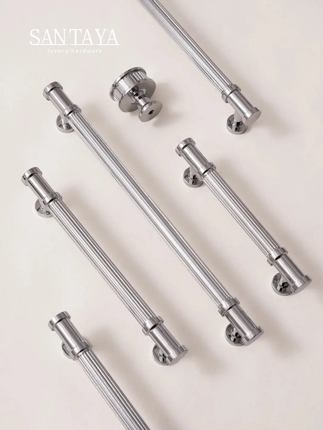 Santaya Solid Brass Luxury Furniture Handle Ribbed Romance Style Chrome Silver T-Bar Kitchen Cabinet Pull Wardrobe Copper Knob