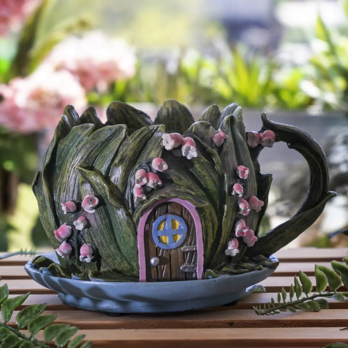 Polyresin Hand-Painted Teacup on Saucer Flower Pot - Cottage Teapot Design with Leaf Foliage, 4.5" Tall, 6" Deep, 7.25" Wide Indoor/Outdoor Magical Garden Fairy Garden Accent Planter, Flower Pots & Planters