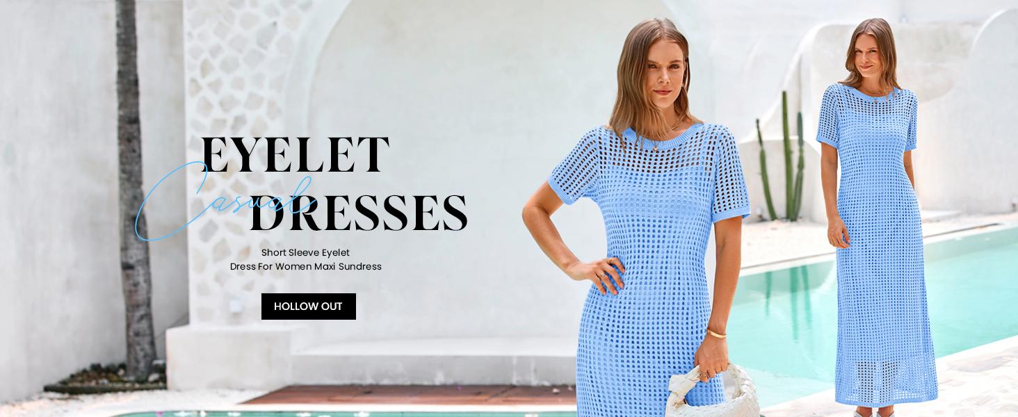 PrettyGarden Womens Eyelet Cover Up Dress Summer Resort Maxi Dress with Beach Short Sleeves, Hollow Out Design & Hollow Out Sundress Style