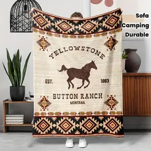 Vintage Southwestern Bohemian Blanket - Lightweight Soft Flannel Throw with Yellowstone Ranch Horse & Geometric Print, All-Season Multi-Use for Camping, Sofa, Travel - Gift for Friends & Family, Southwestern Style