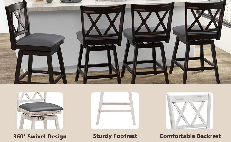 COSTWAY Wood Bar Stools Set of 2, 360° Swivel Barstools 25 Inch w/Backs, Upholstered Cushion & Footrest, Farmhouse Counter Height Bar Stools for Kitchen Island, Dining Room, Home, Pub, White/Black