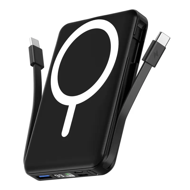 Podoru 10000mAh Portable Power Bank Charger - Built-in USB-C & Lightning Cables, Wireless Magnetic Fast Charging, Mobile Smartphone Accessories, Compact Foldable for iPhone 17/16/15/14/13/12 Series Travel Emergency Use