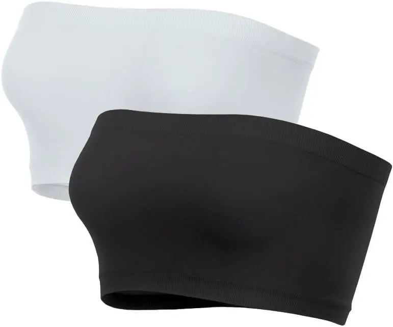2-Pack Plain Tube Bandeau Top for Women, Strapless Layering Seamless Top (Black, White) Spandex Comfortable Nylon Bra