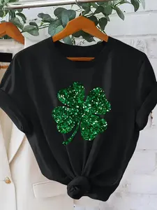 Cotton Elegant Retro Green Shamrock Printed Short Sleeve TShirt Comfortable Crew Neck Medium Stretch Fabric Ideal for St PatrickS Day and SpringSummer Versatile Design