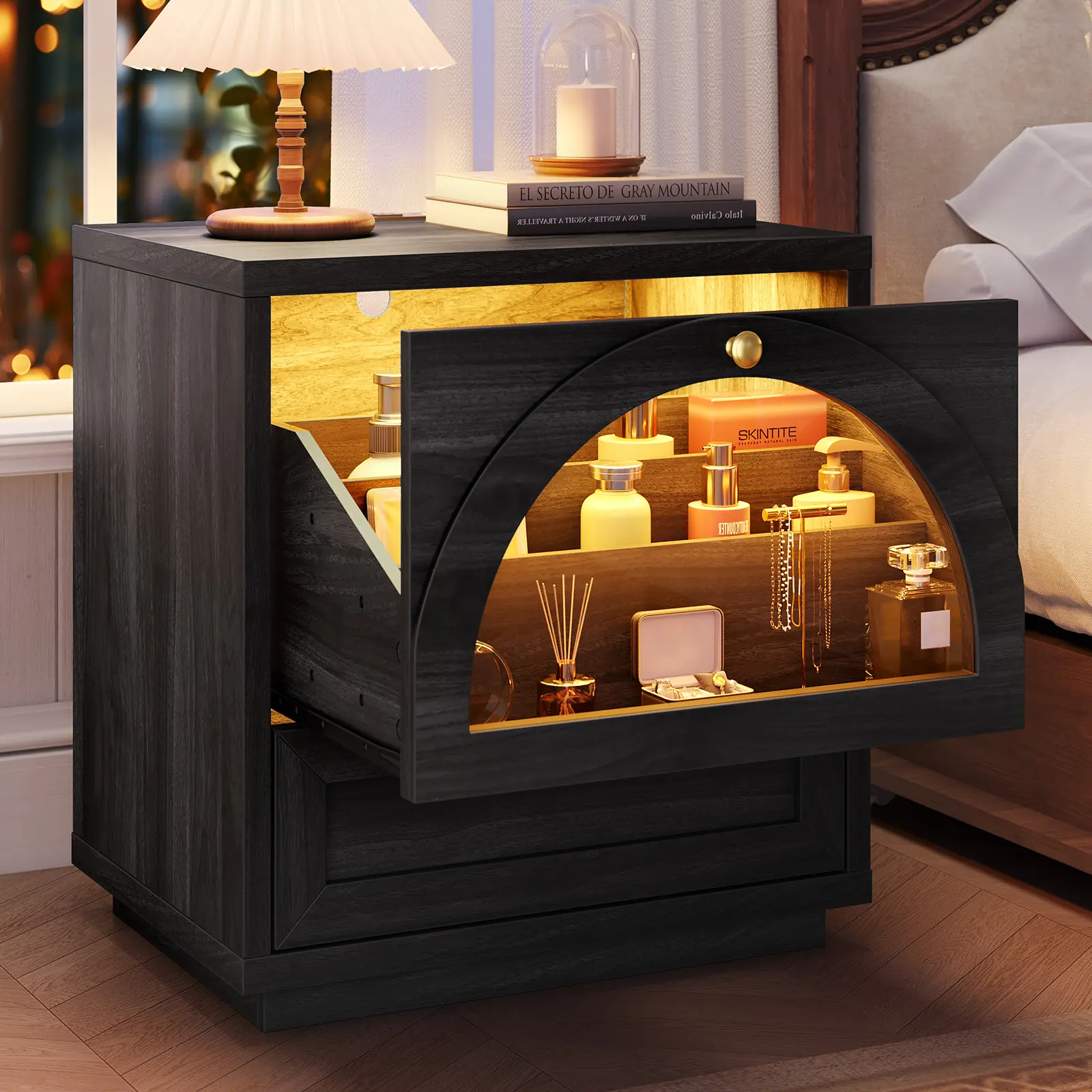 Sikaic Arched Glass Nightstand with 2 Drawers, LED Lights & Charging Station, Modern Vintage Bedside Table with Stepped Compartment Storage Drawers for Bedroom,  Living Room, Home Office, Matte Black, Home Furniture, Dorm Essentials [tiktokshopbacktoschoo