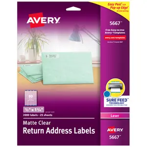 Avery Matte Clear Return Address Labels, Sure Feed Technology, Laser, 1/2" x 1-3/4", 2,000 Labels (5667)