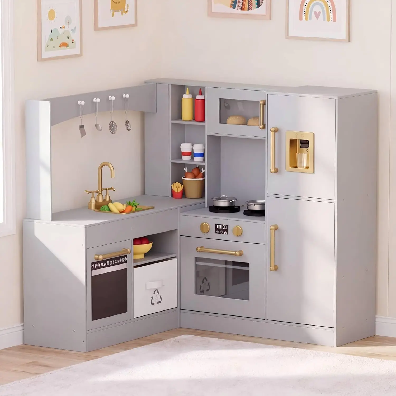 Arlopu Corner Play Kitchen for Kids, Wooden Pretend Toy Kitchen, Large Toodler Cooking Playset w/Refrigerator, Stove w/Light & Sound, Disinfection Locker, Water Dispenser, Sink, Home Modern Ages 3+, homeessentials