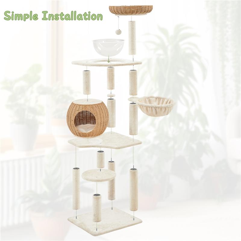 Costoffs 54" Tall Rattan Cat Tree with Sisal Scratching Posts, Cozy Nest & Soft Cushion – Luxury Cat Condo with Hanging Ball, Basket, and Bowl for Small to Medium Indoor Cats