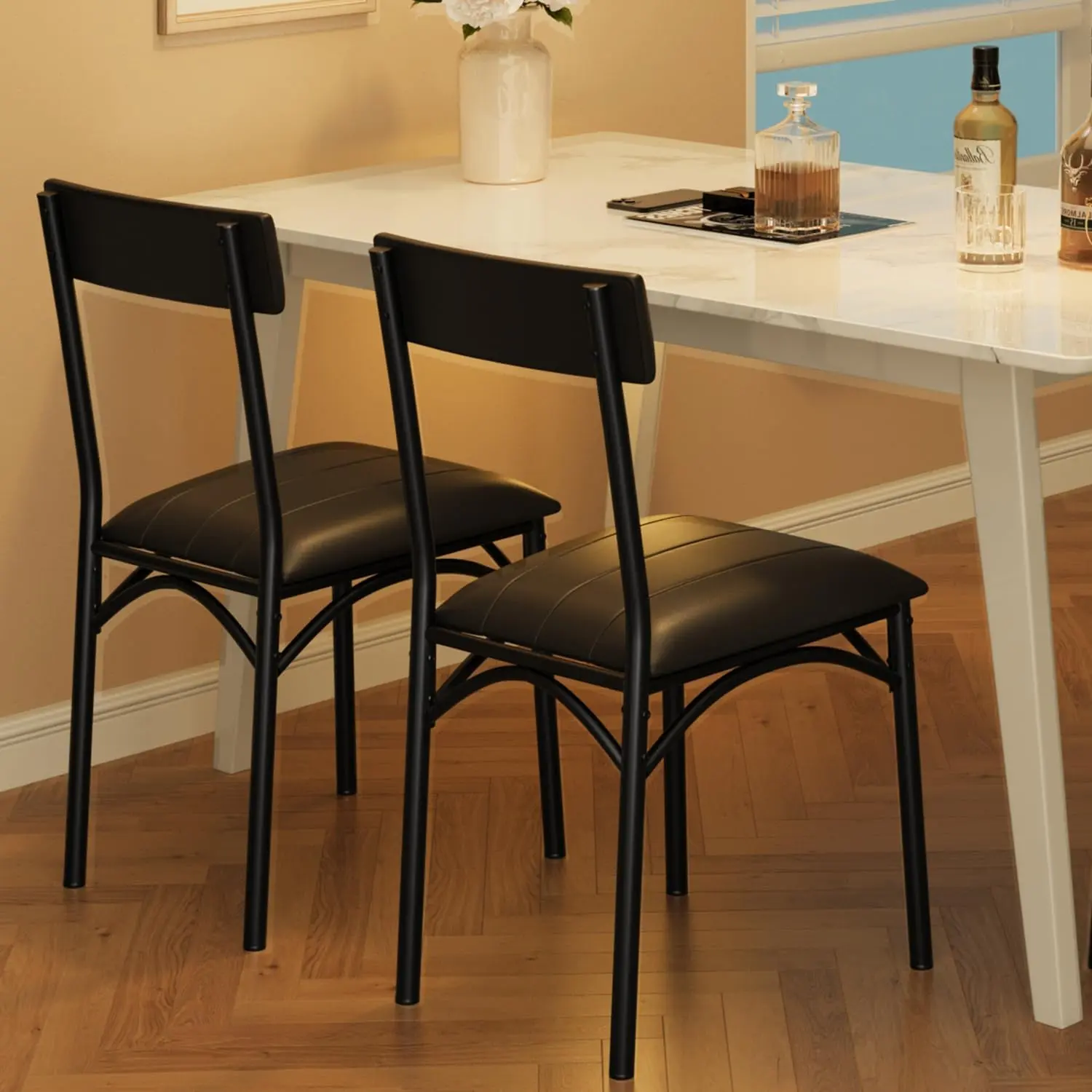Dining Chairs Set of 2 - Upholstered Dining Chairs with Back - PU Leather Kitchen Dining Chair - Black Chairs for Kitchen/Apartment/Living Room - Comfortable Seat - Easy Assembly -Classic Black
