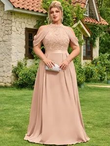 【Plus Size】MISSMAY P25636A Women's Plus Size Dress Sequin Lace Halter with Cape Sleeves Valentines Day Dress Evening Formal Party Maxi Dress Bride