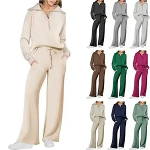 Women's2PieceOutfitsCasualLapelHalfZipSweatshirtsAndWideLegPantsTracksuitSetsGift