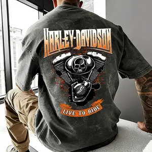 Men's T-Shirt Motorcycle Graphic Vintage Washed Distressed Cotton Tee Live to Ride Biker Tee Bosozoku Vintage Washed Skull Engine Graphic T-Shirt Relaxed Fit Unisex Short Sleeve for Riders Gift for Men Teens tshirt Casual Soft Menswear Top