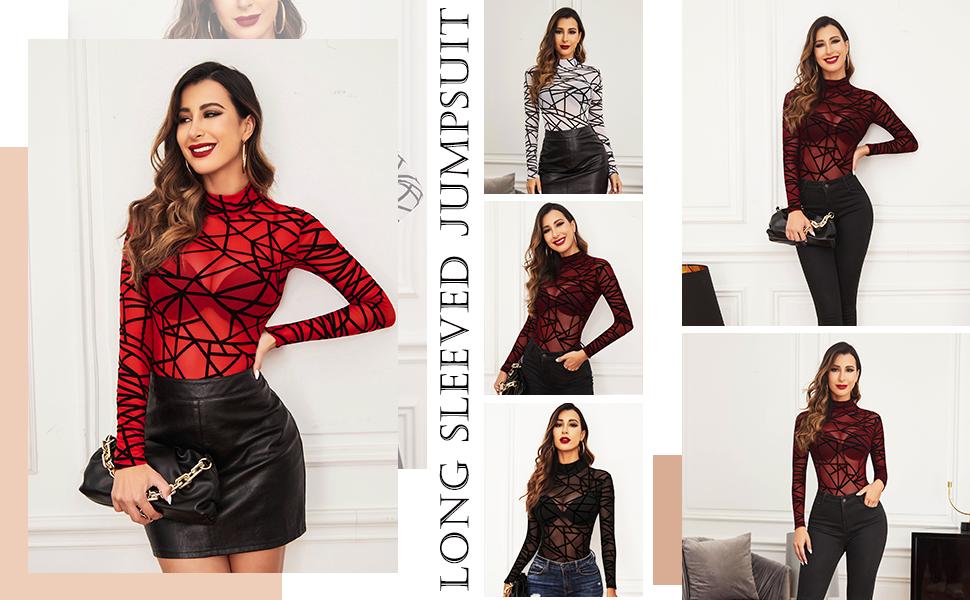 Avidlove Long Sleeve Bodysuit for Women Turtleneck Mesh Bodysuit Geo Print Leotards