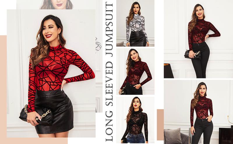 Avidlove Long Sleeve Bodysuit for Women Turtleneck Mesh Bodysuit Geo Print Leotards