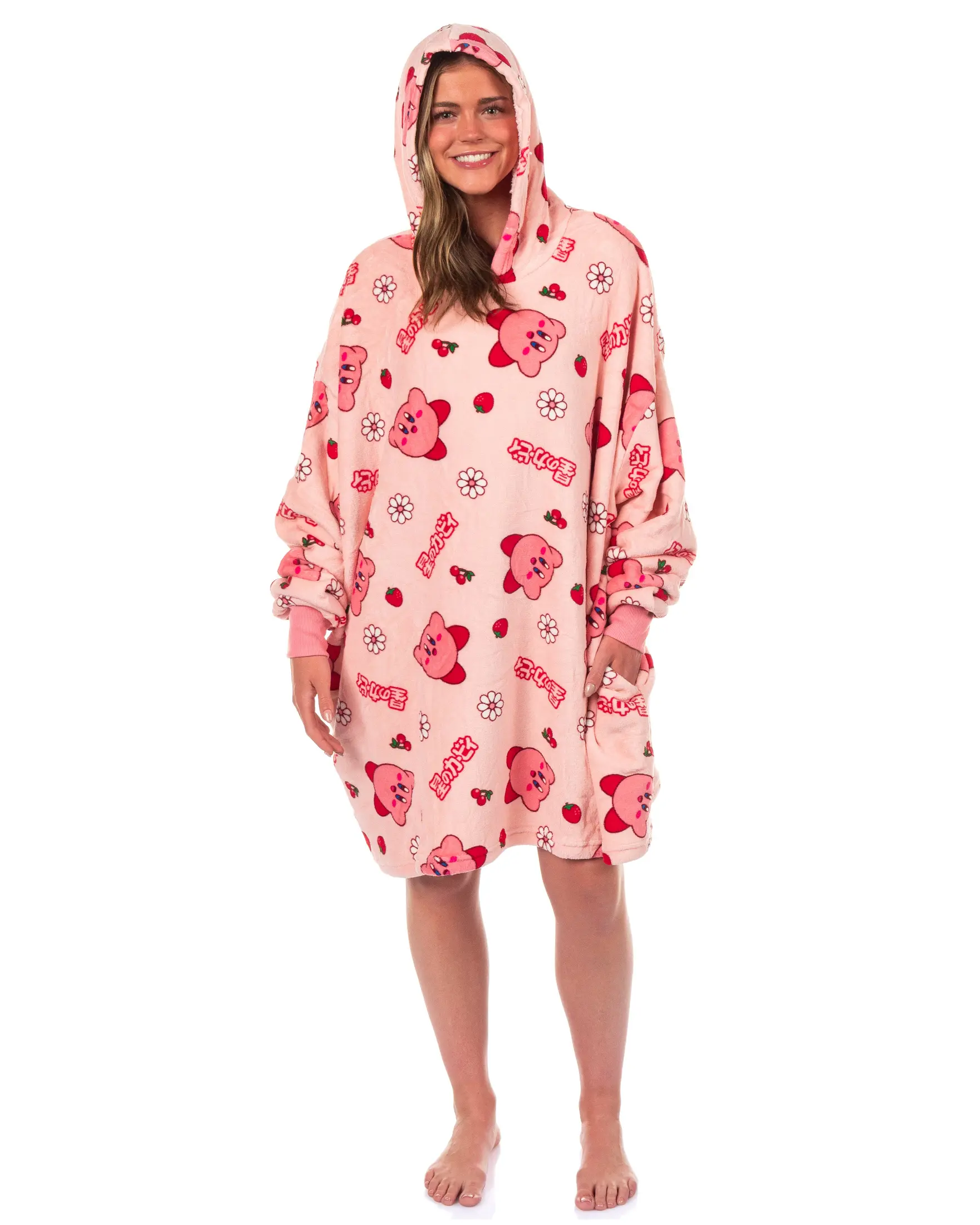 Cute Kirby Flower and Cherry Motif Adult Plush Fleece Wearable Blanket Hoodie Clothes, Elastic Fit Tops, OSFA