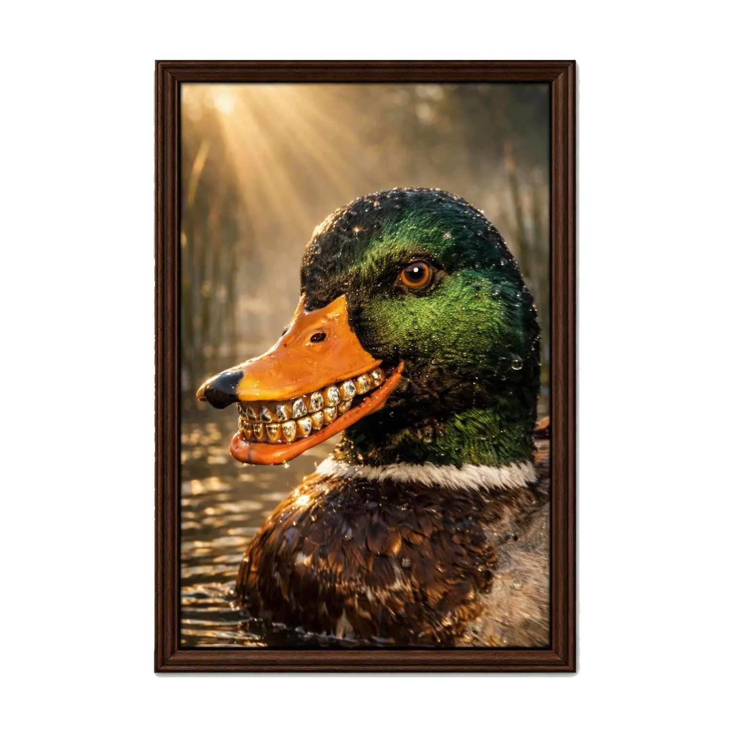 Gangsta Mallard Duck Poster, Hilarious Wildlife Art Featuring a Gold-Grill Duck in Sunlit Marsh, Funny Wall Decor for Home & Man Cave