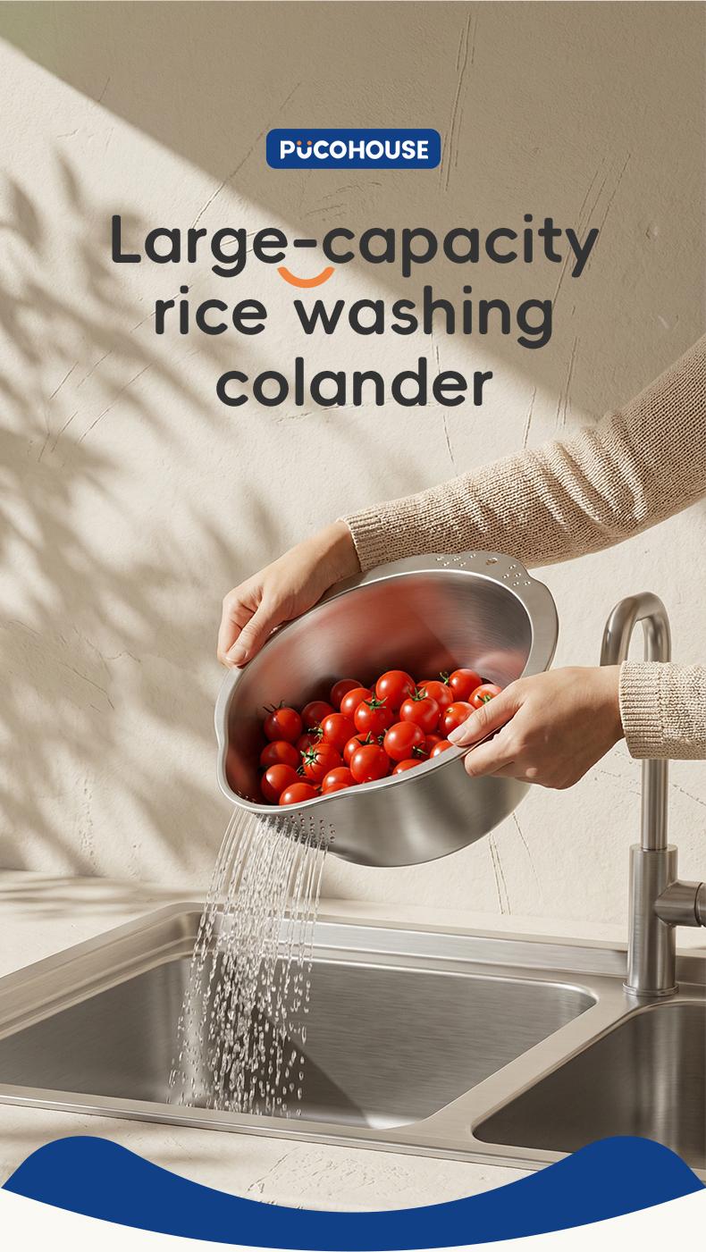 Rice Washer Strainer Bowl with Hook, Stainless Steel Washing Bowl with Side Drain Holes, Rinse Basket for Cleaning Quinoa, Fruits, Vegetables, and Beans – Multifunctional Kitchen Colander