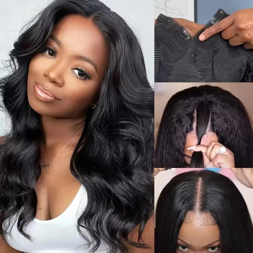 V Part Wig Human Hair Body Wave 180% Density Glueless Upgrade U Part Wig with Drawstring Natural Black No Leave Out No Sew In V Shape Clip In Half Wig for Women Beginner Friendly #DealsForYouDays