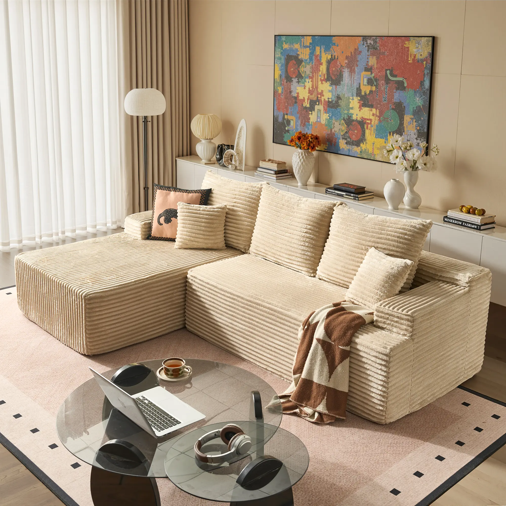 96" Beige L Shaped Sofa with Left Chaise