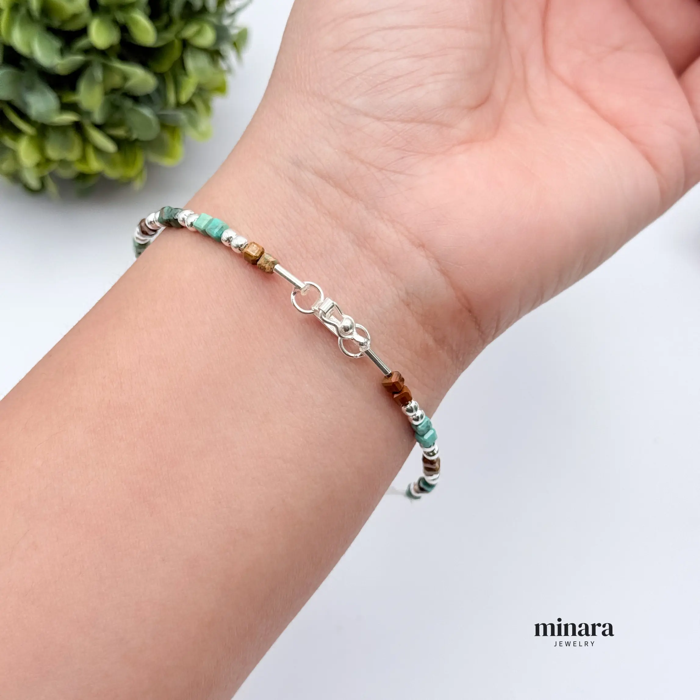 MINARA 950 Silver - Pulsera Chaquira Piedra Turquosie -Chaquira Bracelet Turquoise Stone